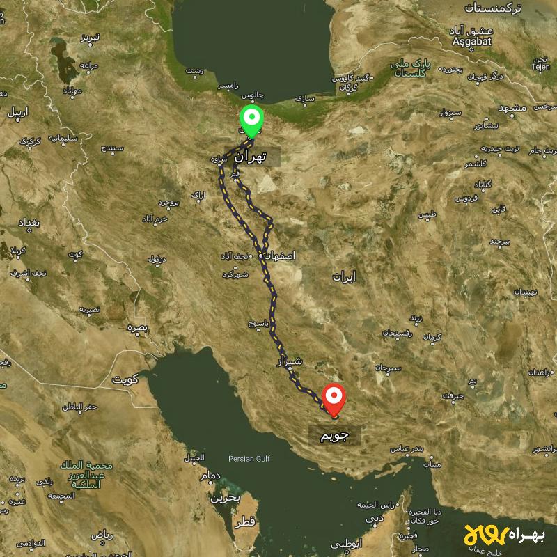 مسافت و فاصله جویم - فارس تا تهران از ۲ مسیر - مرداد ۱۴۰۳