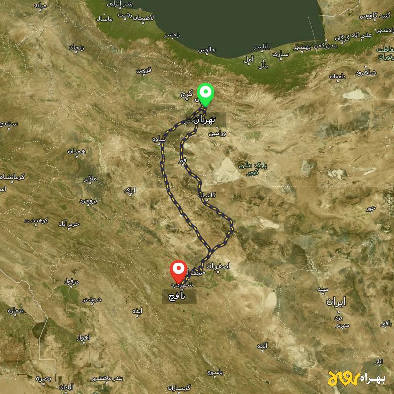 مسافت و فاصله نافچ - چهارمحال و بختیاری تا تهران از ۲ مسیر - مرداد ۱۴۰۳