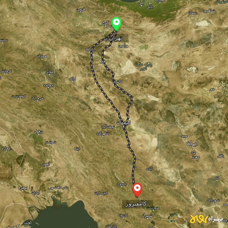 مسافت و فاصله کامفیروز - فارس تا تهران از ۲ مسیر - مرداد ۱۴۰۳