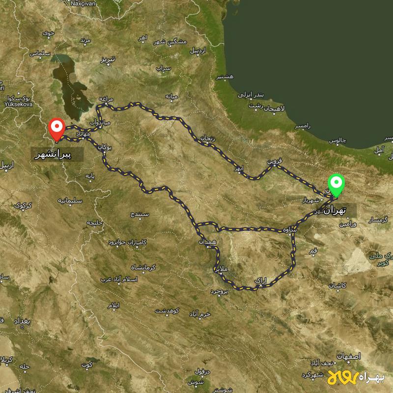 مسافت و فاصله پیرانشهر - آذربایجان غربی تا تهران از ۳ مسیر - اردیبهشت ۱۴۰۳