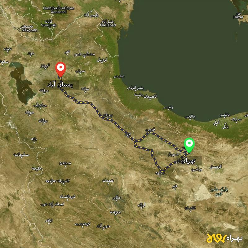 مسافت و فاصله بستان آباد - آذربایجان شرقی تا تهران از 2 مسیر - مسیریاب بهراه