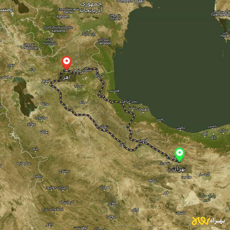 مسافت و فاصله اهر - آذربایجان شرقی تا تهران از 2 مسیر - مسیریاب بهراه