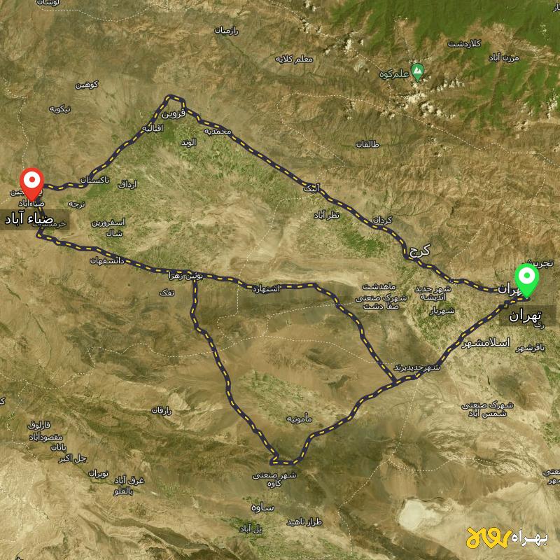 مسافت و فاصله ضیاء آباد - قزوین تا تهران از ۳ مسیر - مرداد ۱۴۰۳