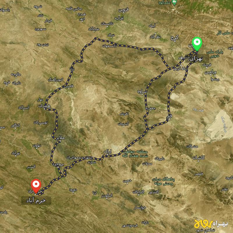 مسافت و فاصله خرم آباد تا تهران از ۳ مسیر - اردیبهشت ۱۴۰۳
