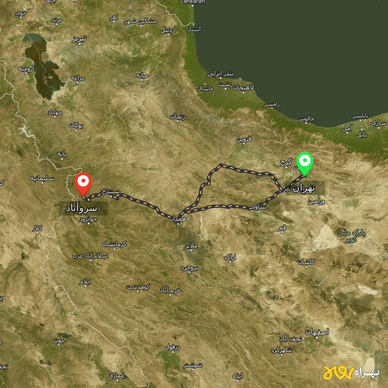 مسافت و فاصله سروآباد - کردستان تا تهران از ۲ مسیر - بهمن ۱۴۰۳