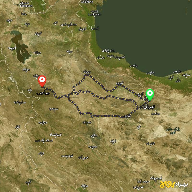 مسافت و فاصله صاحب - کردستان تا تهران از ۳ مسیر - مرداد ۱۴۰۳