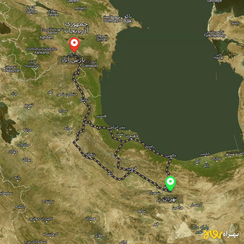 مسافت و فاصله پارس آباد تا تهران از ۳ مسیر - اردیبهشت ۱۴۰۳
