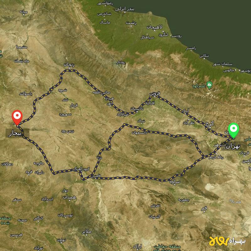 مسافت و فاصله بیجار - کردستان تا تهران از 3 مسیر - مسیریاب بهراه