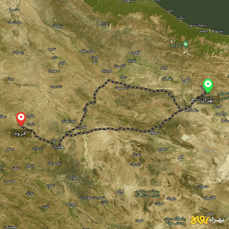 مسافت و فاصله قروه - کردستان تا تهران از 2 مسیر - مسیریاب بهراه