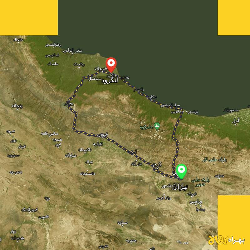 مسافت و فاصله لنگرود - گیلان تا تهران از 2 مسیر - مسیریاب بهراه