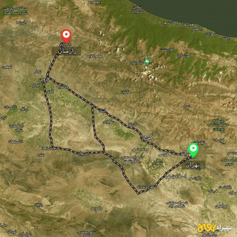 مسافت و فاصله رازمیان - قزوین تا تهران از ۳ مسیر - آذر ۱۴۰۳