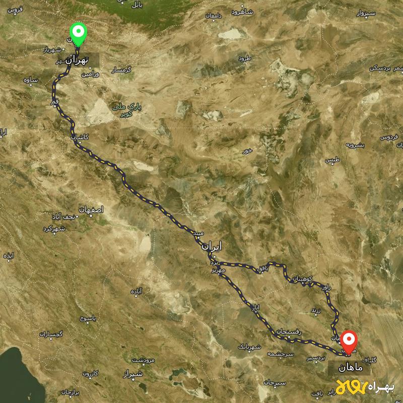 مسافت و فاصله ماهان - کرمان تا تهران از ۲ مسیر - اردیبهشت ۱۴۰۳