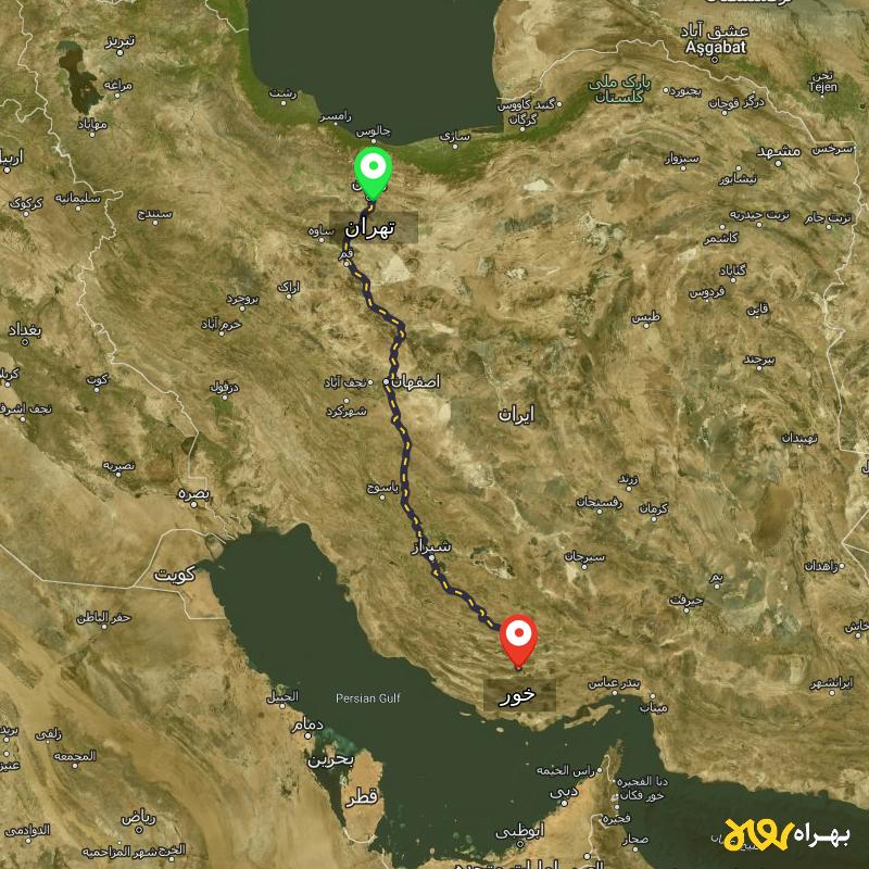 مسافت و فاصله خور - فارس تا تهران - مسیریاب بهراه