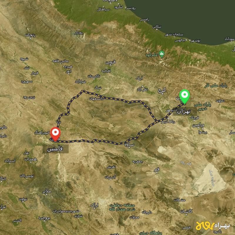 مسافت و فاصله فامنین - همدان تا تهران از 2 مسیر - مسیریاب بهراه