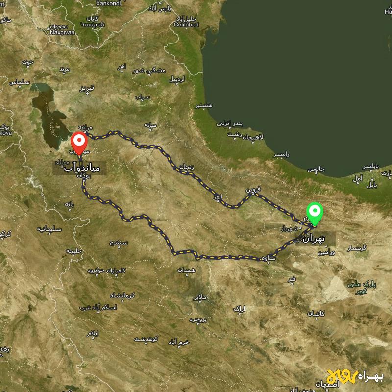 مسافت و فاصله میاندوآب - آذربایجان غربی تا تهران از 2 مسیر - مسیریاب بهراه