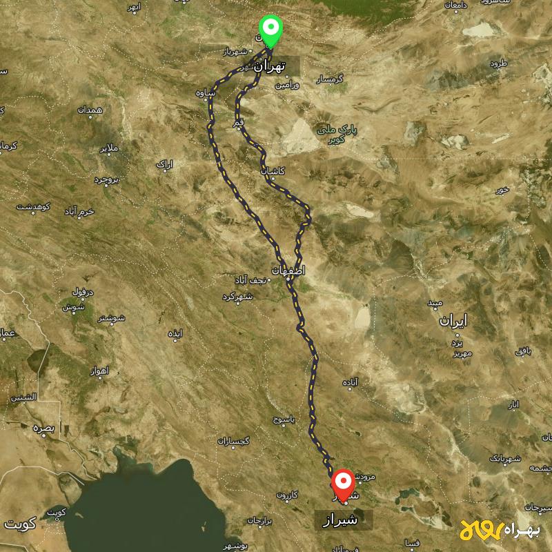 مسافت و فاصله شیراز تا تهران از 2 مسیر - مسیریاب بهراه