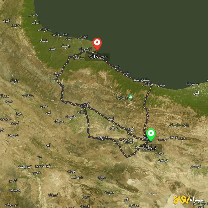 مسافت و فاصله چمخاله - گیلان تا تهران از ۳ مسیر - اردیبهشت ۱۴۰۳