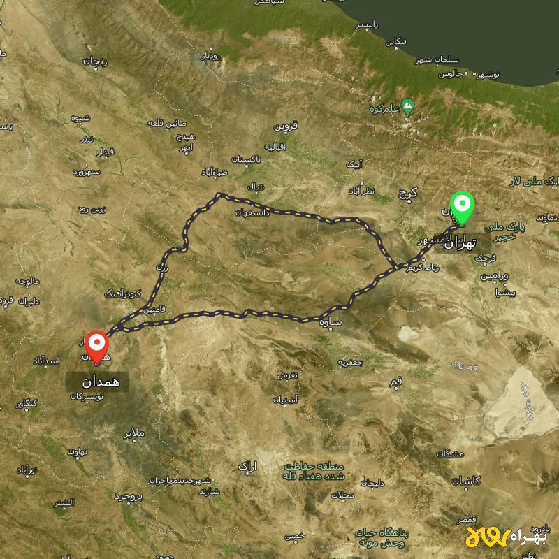 مسافت و فاصله همدان تا تهران از 2 مسیر - مسیریاب بهراه