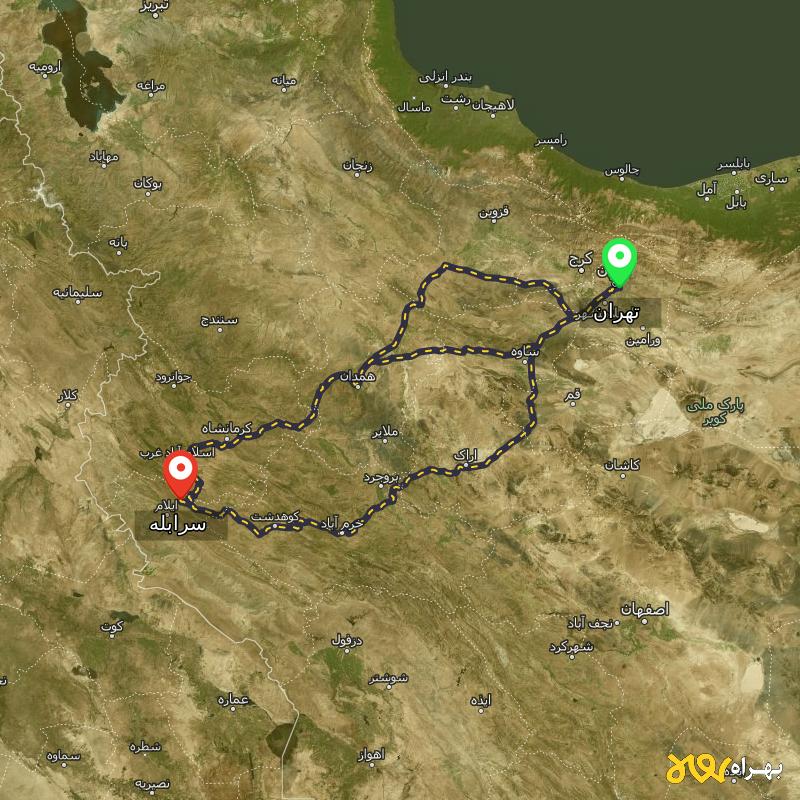 مسافت و فاصله سرابله - ایلام تا تهران از ۳ مسیر - مرداد ۱۴۰۳