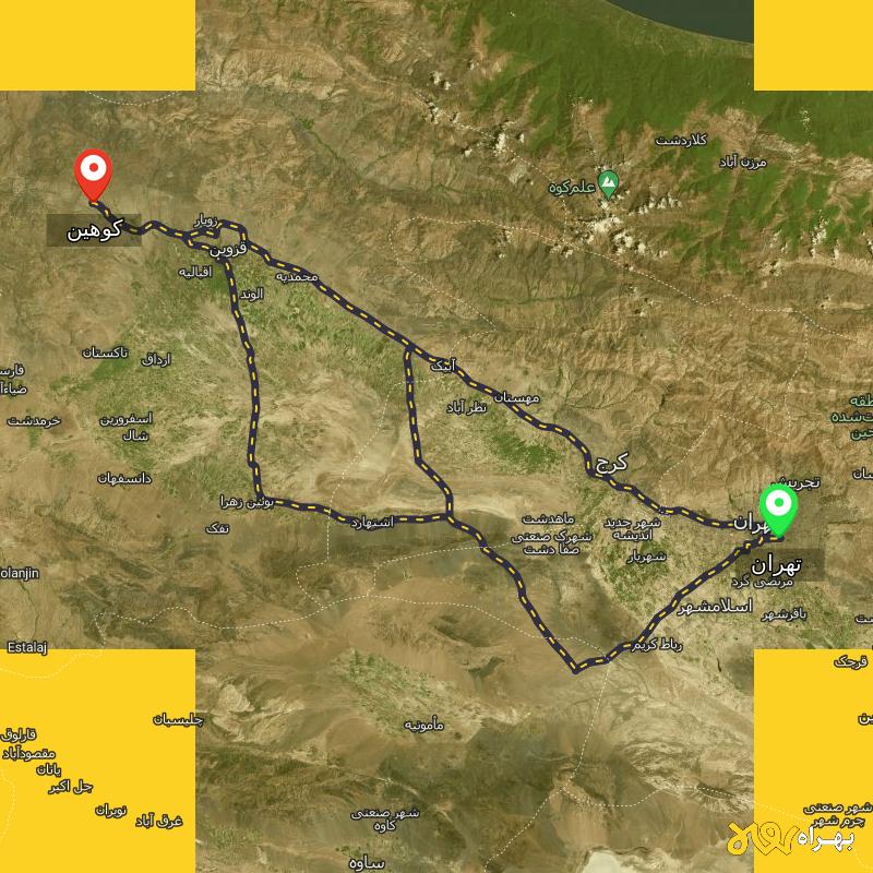 مسافت و فاصله کوهین - قزوین تا تهران از 3 مسیر - مسیریاب بهراه