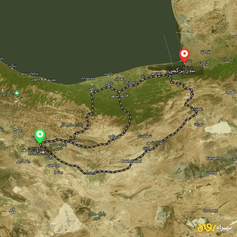مسافت و فاصله بندر ترکمن - گلستان تا تهران از 3 مسیر - مسیریاب بهراه
