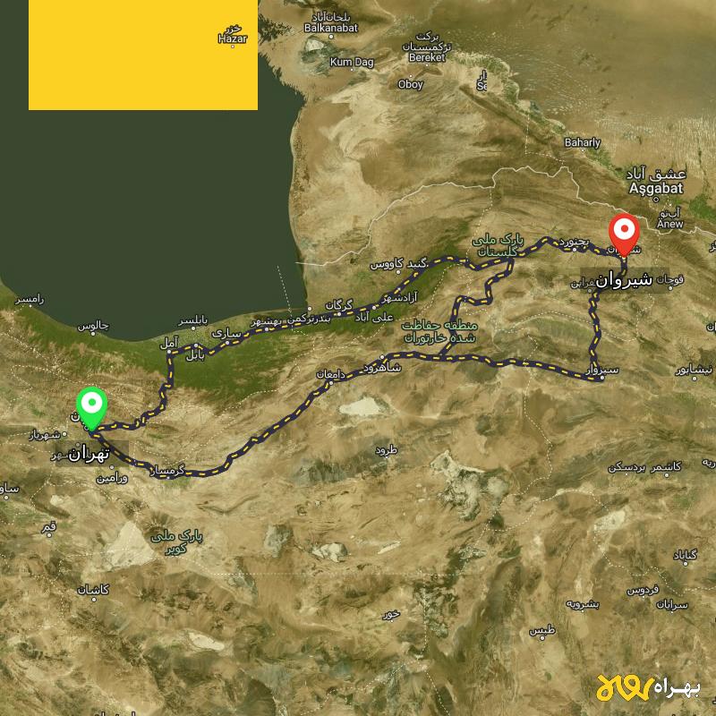 مسافت و فاصله شیروان - خراسان شمالی تا تهران از 3 مسیر - مسیریاب بهراه