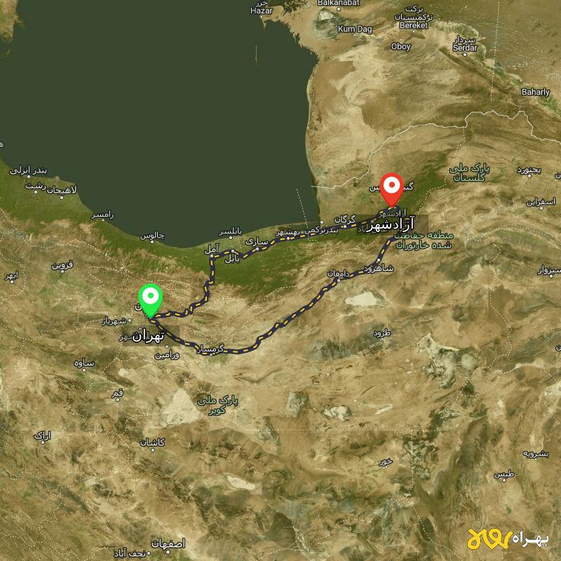 مسافت و فاصله آزادشهر - گلستان تا تهران از ۲ مسیر - دی ۱۴۰۳