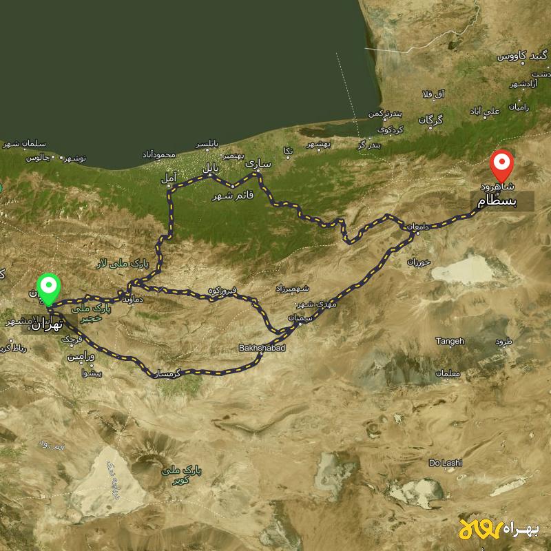 مسافت و فاصله بسطام - سمنان تا تهران از ۳ مسیر - اردیبهشت ۱۴۰۳