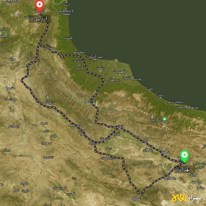 مسافت و فاصله اردبیل تا تهران از 3 مسیر - مسیریاب بهراه
