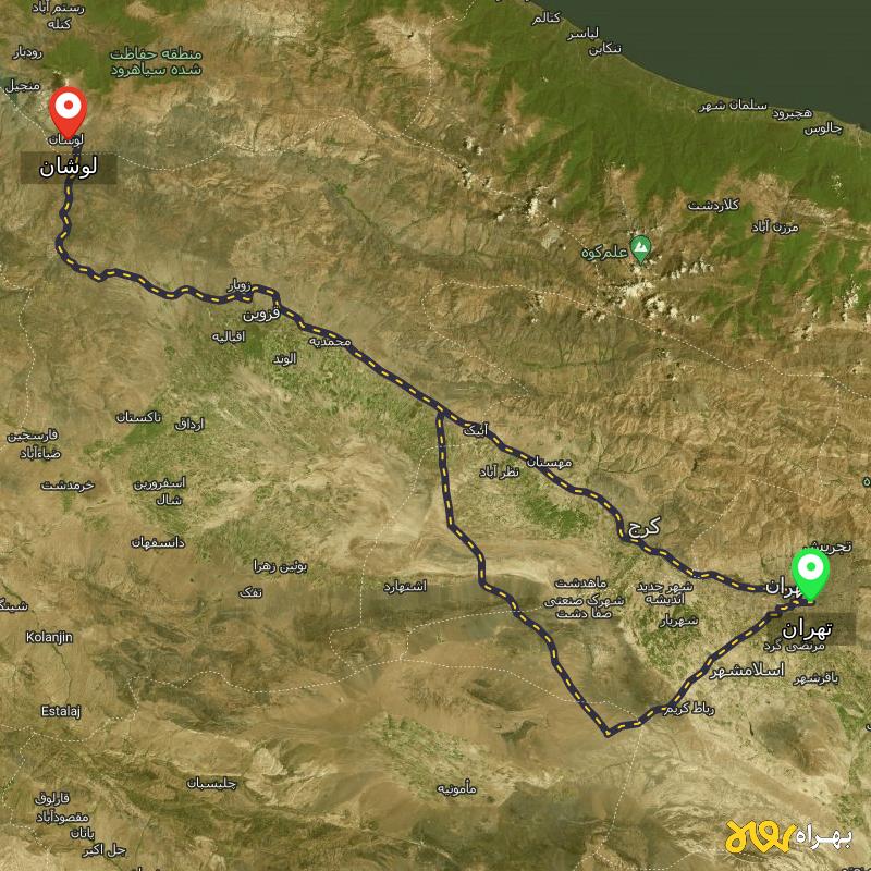 مسافت و فاصله لوشان - گیلان تا تهران از ۲ مسیر - اردیبهشت ۱۴۰۳