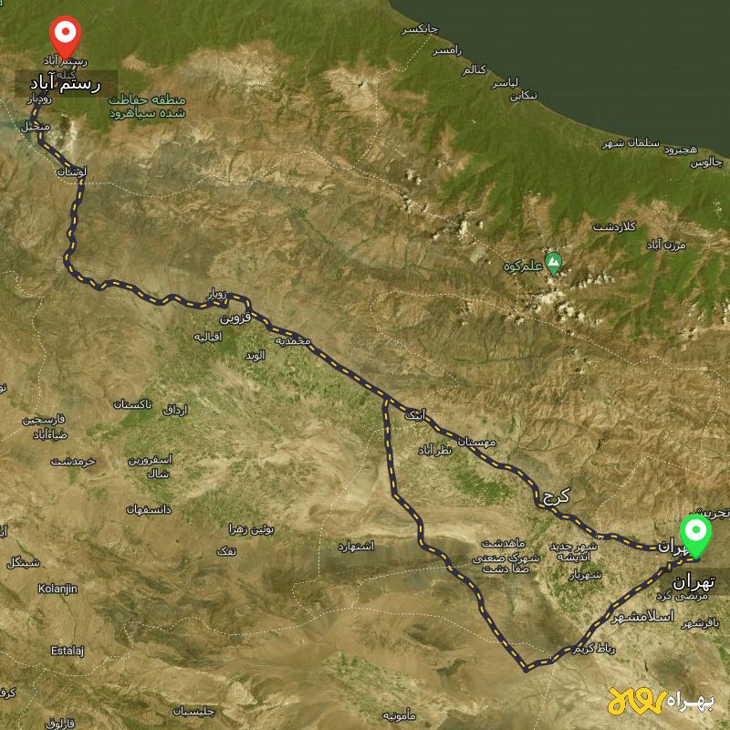 مسافت و فاصله رستم آباد - گیلان تا تهران از 2 مسیر - مسیریاب بهراه