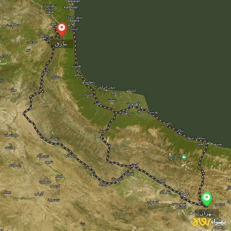 مسافت و فاصله نیارق - اردبیل تا تهران از ۳ مسیر - آذر ۱۴۰۳