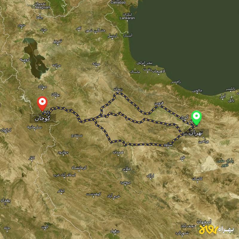 مسافت و فاصله کوخان - کردستان تا تهران از ۳ مسیر - مرداد ۱۴۰۳