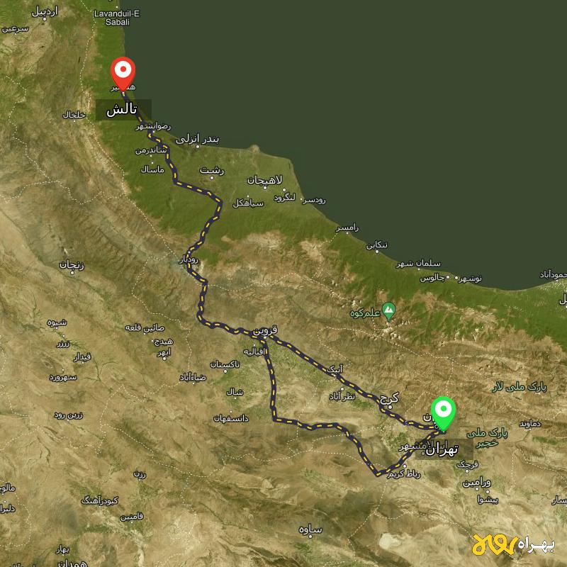 مسافت و فاصله تالش - گیلان تا تهران از ۲ مسیر - اردیبهشت ۱۴۰۳