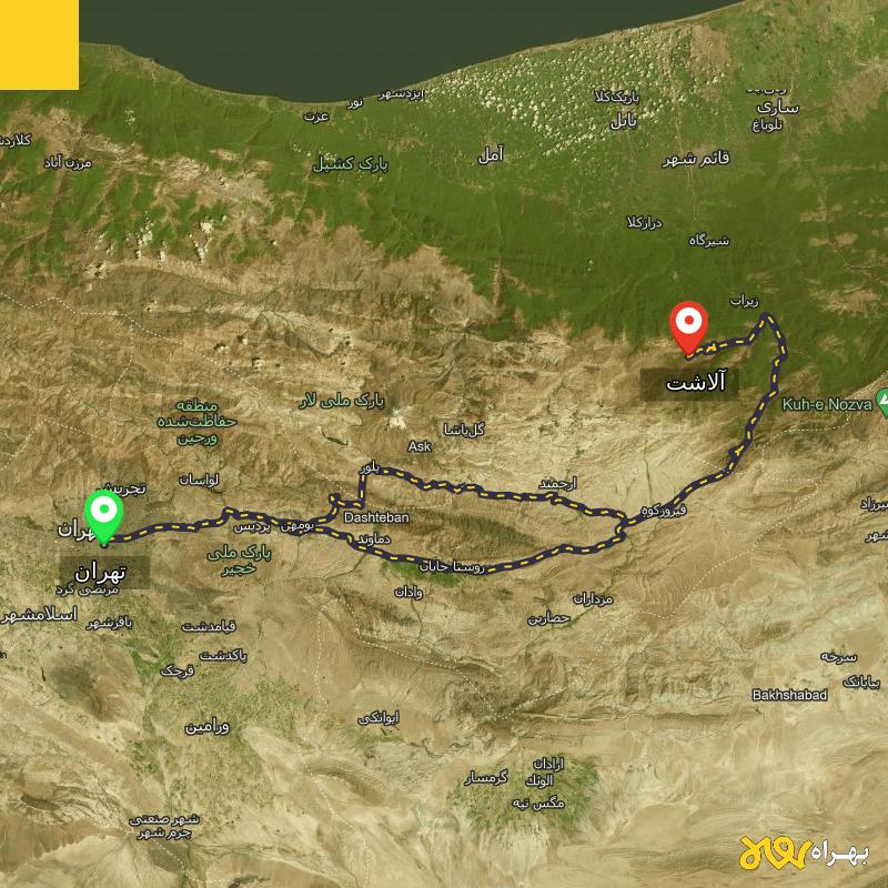 مسافت و فاصله آلاشت - مازندران تا تهران از 2 مسیر - مسیریاب بهراه