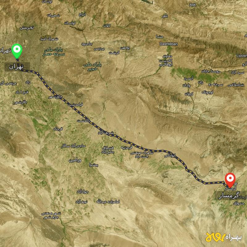 مسافت و فاصله گرمسار - سمنان تا تهران - مسیریاب بهراه