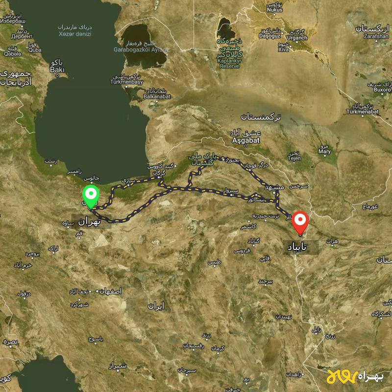 مسافت و فاصله تایباد - خراسان رضوی تا تهران از 3 مسیر - مسیریاب بهراه