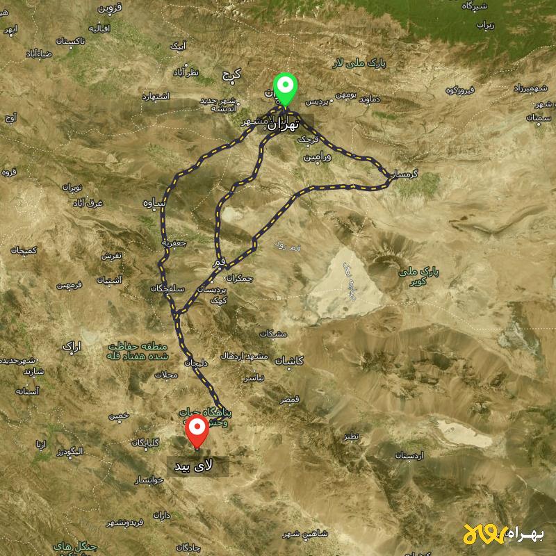 مسافت و فاصله لای بید - اصفهان تا تهران از ۳ مسیر - مرداد ۱۴۰۳