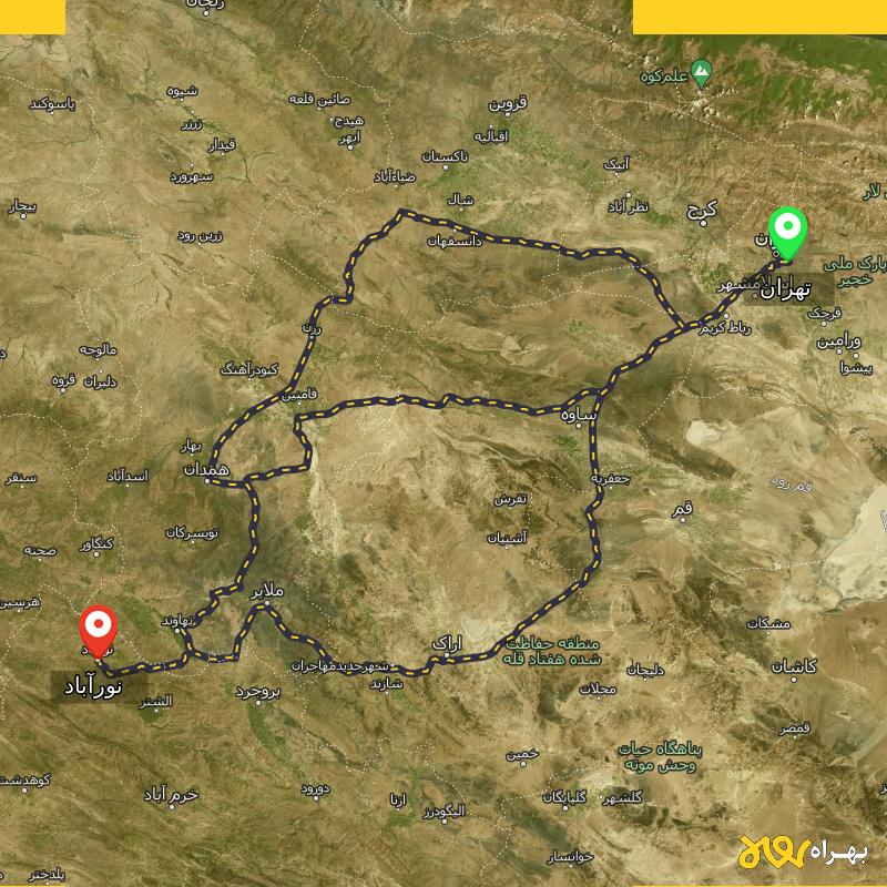 مسافت و فاصله نورآباد - لرستان تا تهران از 3 مسیر - مسیریاب بهراه