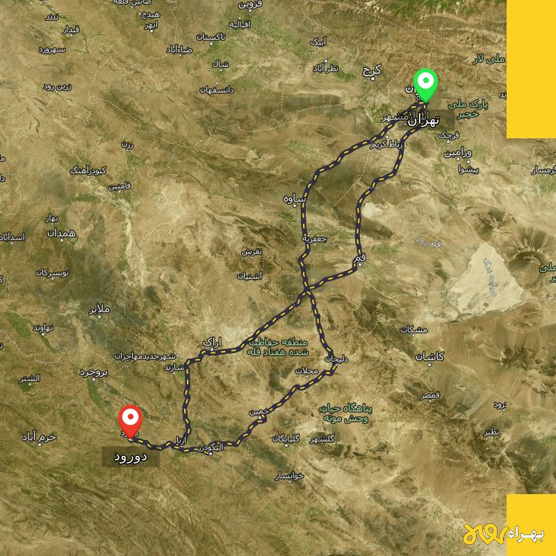 مسافت و فاصله دورود - لرستان تا تهران از ۳ مسیر - اردیبهشت ۱۴۰۳