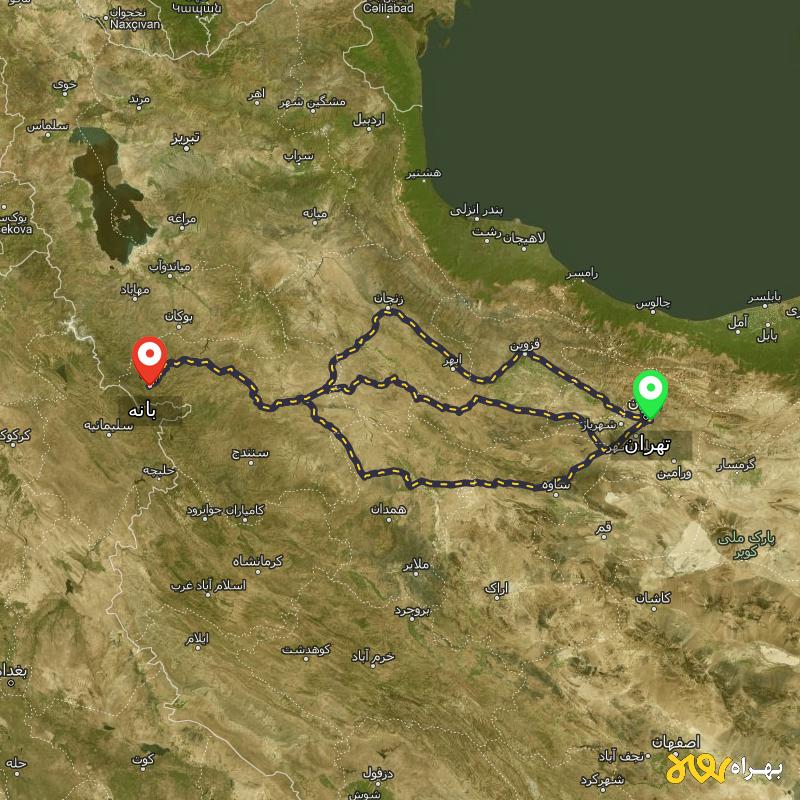 مسافت و فاصله بانه - کردستان تا تهران از ۳ مسیر - اردیبهشت ۱۴۰۳