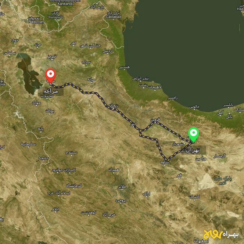 مسافت و فاصله مراغه - آذربایجان شرقی تا تهران از ۲ مسیر - اردیبهشت ۱۴۰۳