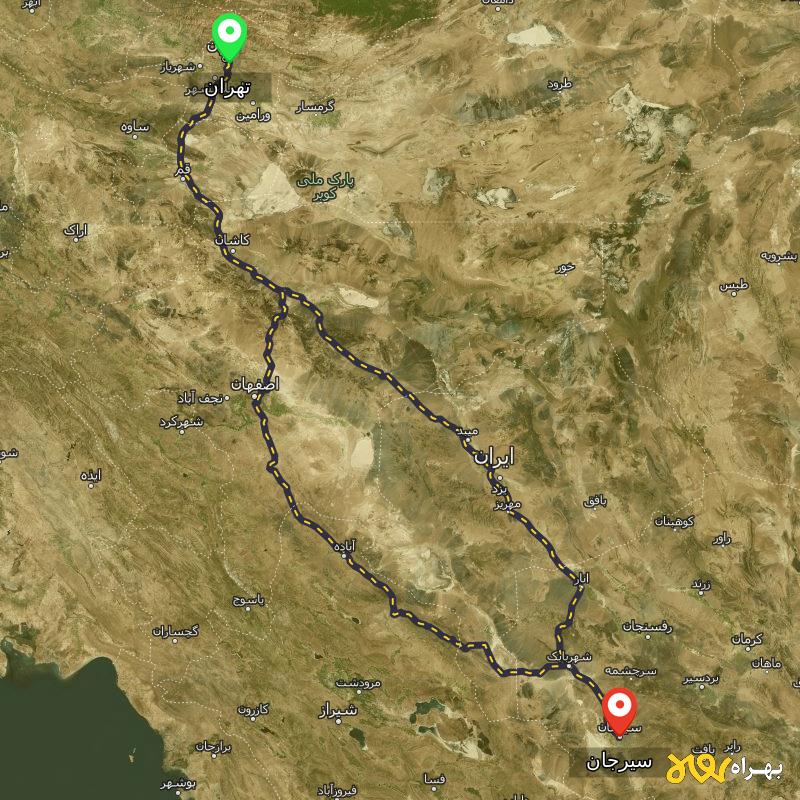 مسافت و فاصله سیرجان تا تهران از ۲ مسیر - آذر ۱۴۰۳