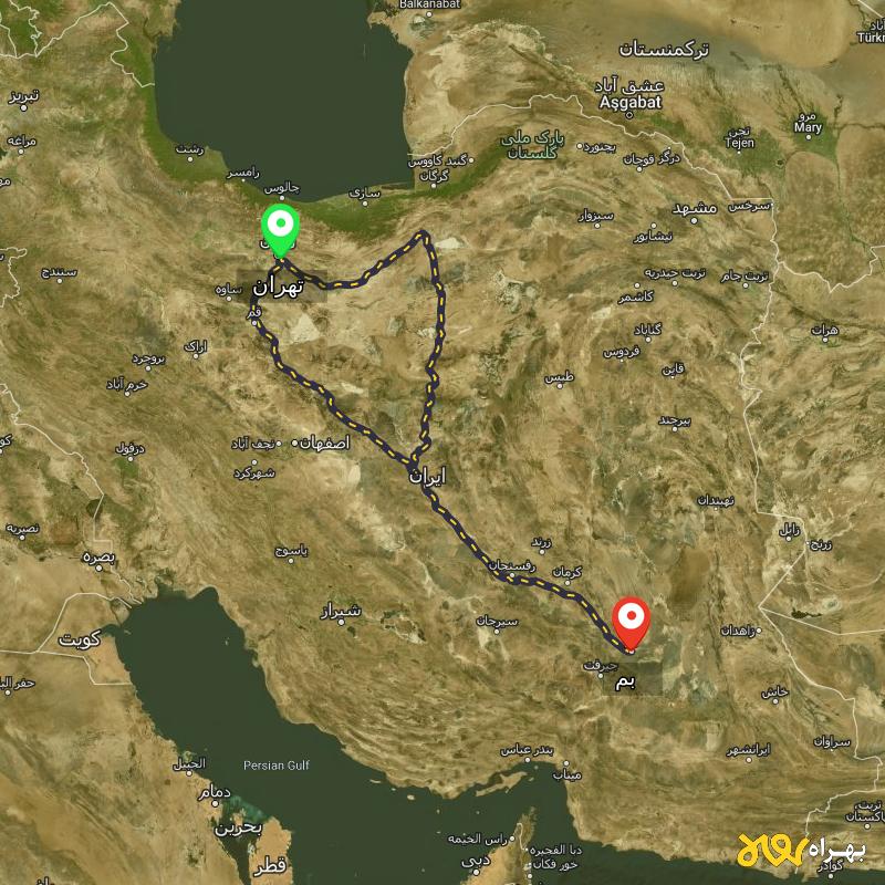 مسافت و فاصله بم تا تهران از 2 مسیر - مسیریاب بهراه