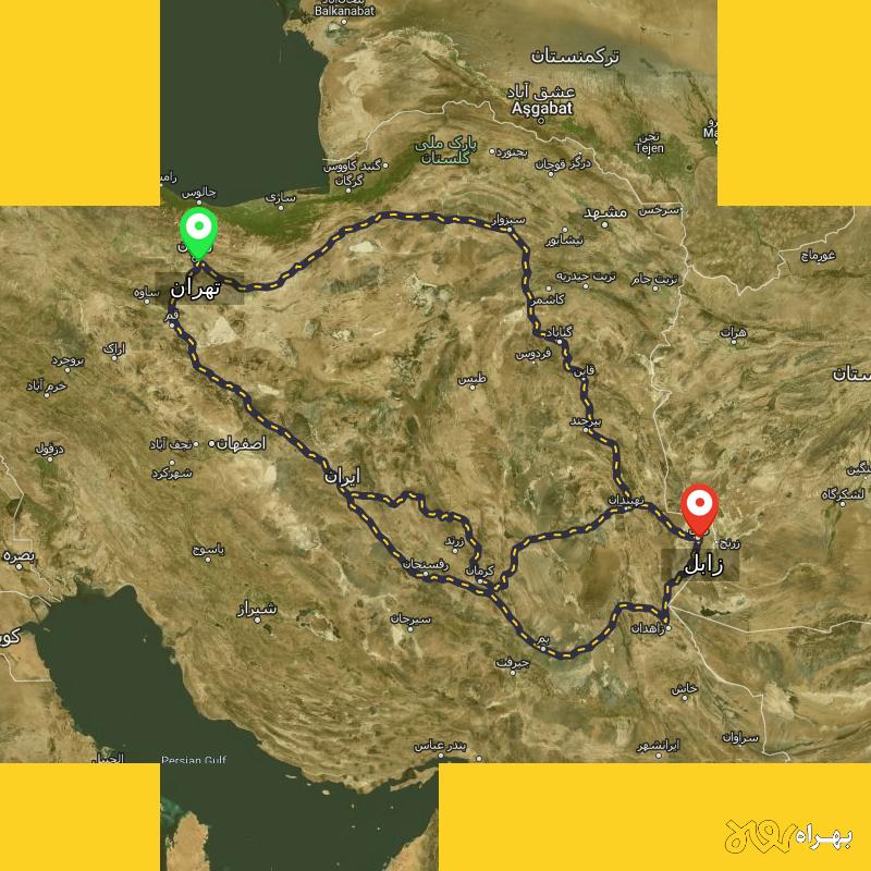 مسافت و فاصله زابل تا تهران از 3 مسیر - مسیریاب بهراه