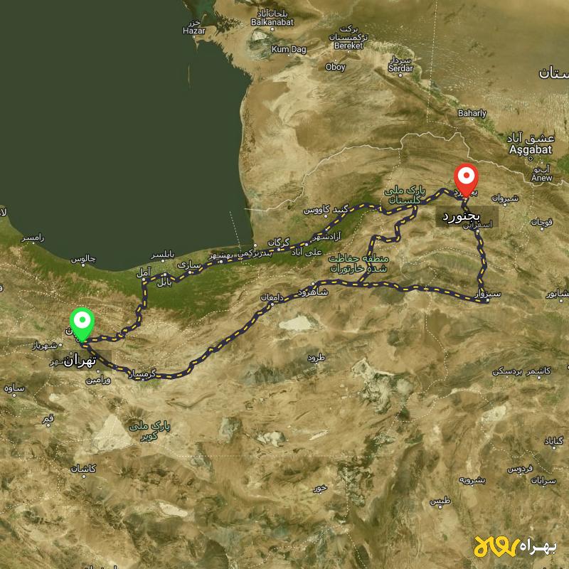 مسافت و فاصله بجنورد تا تهران از 3 مسیر - مسیریاب بهراه