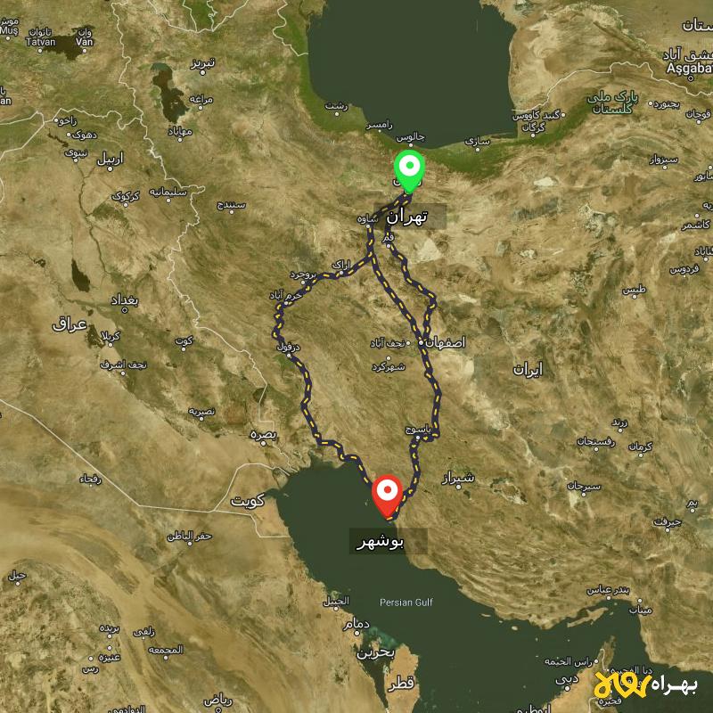مسافت و فاصله بوشهر تا تهران از ۳ مسیر - مرداد ۱۴۰۳