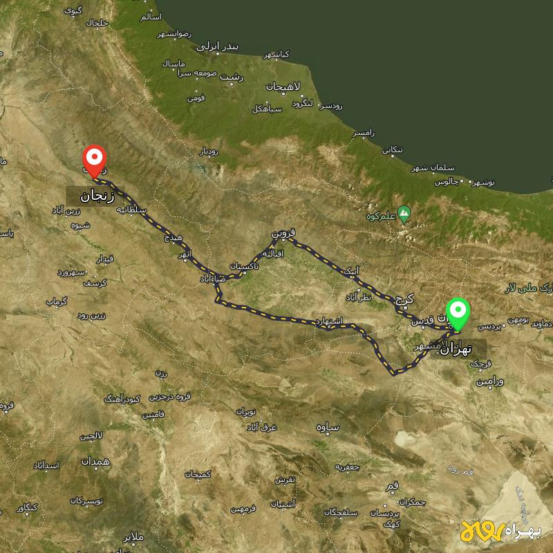 مسافت و فاصله زنجان تا تهران از ۲ مسیر - مرداد ۱۴۰۳