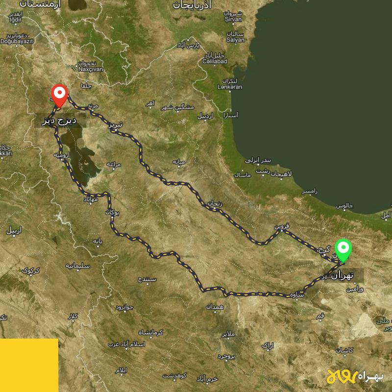مسافت و فاصله دیزج دیز - آذربایجان غربی تا تهران از ۲ مسیر - مهر ۱۴۰۳