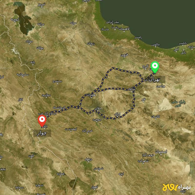 مسافت و فاصله چوار - ایلام تا تهران از ۳ مسیر - آذر ۱۴۰۳